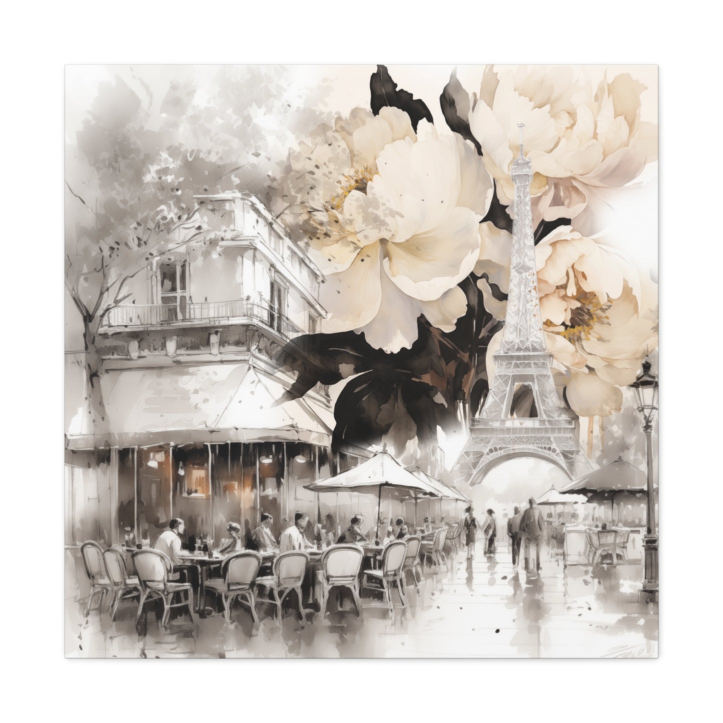 Cafe in Paris with Cream Peonies Canvas Gallery Wrap - 3 Sizes