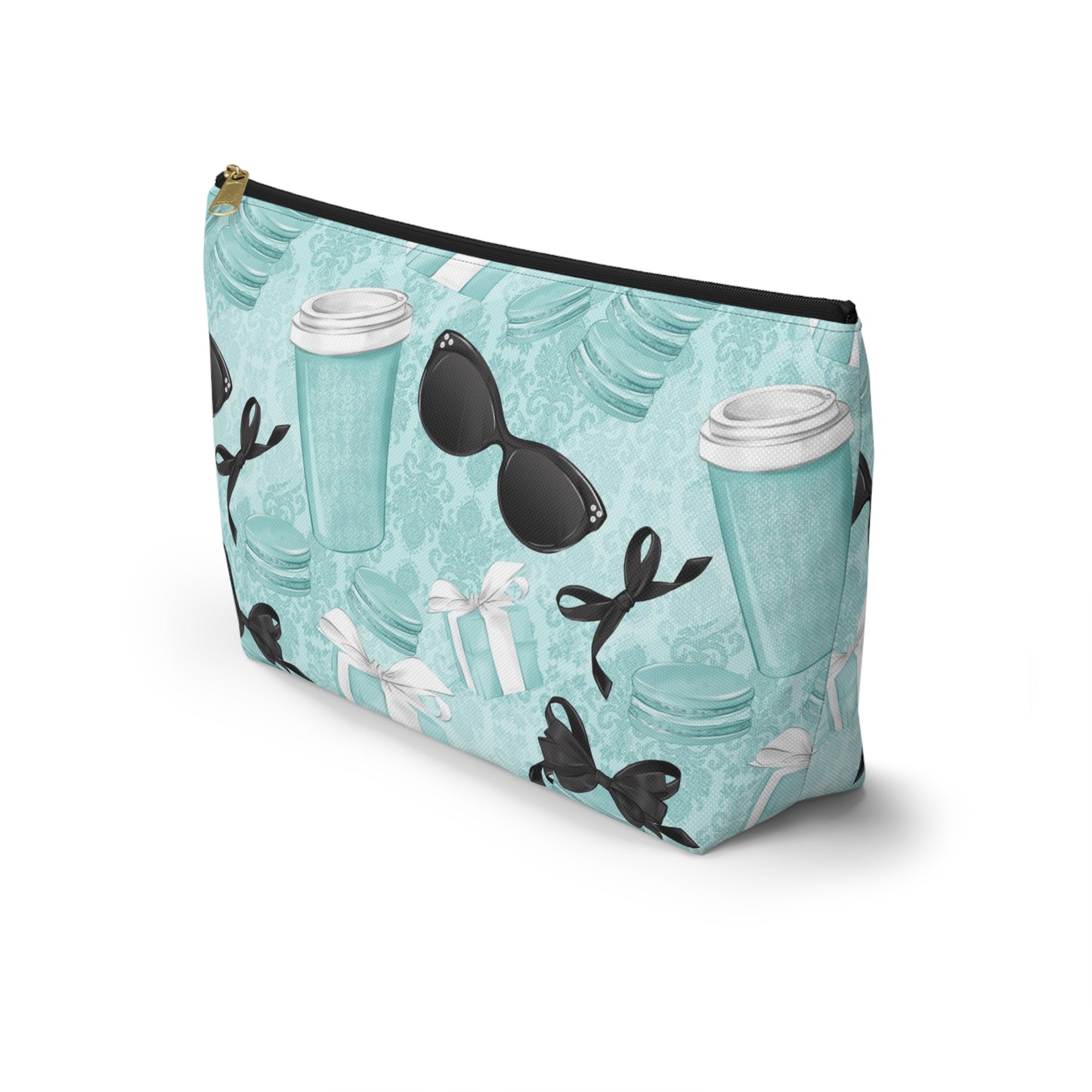 Parisian Blue Coffee and Macarons Cosmetic Pouch w T-bottom, Accessory Pouch, Blue Green