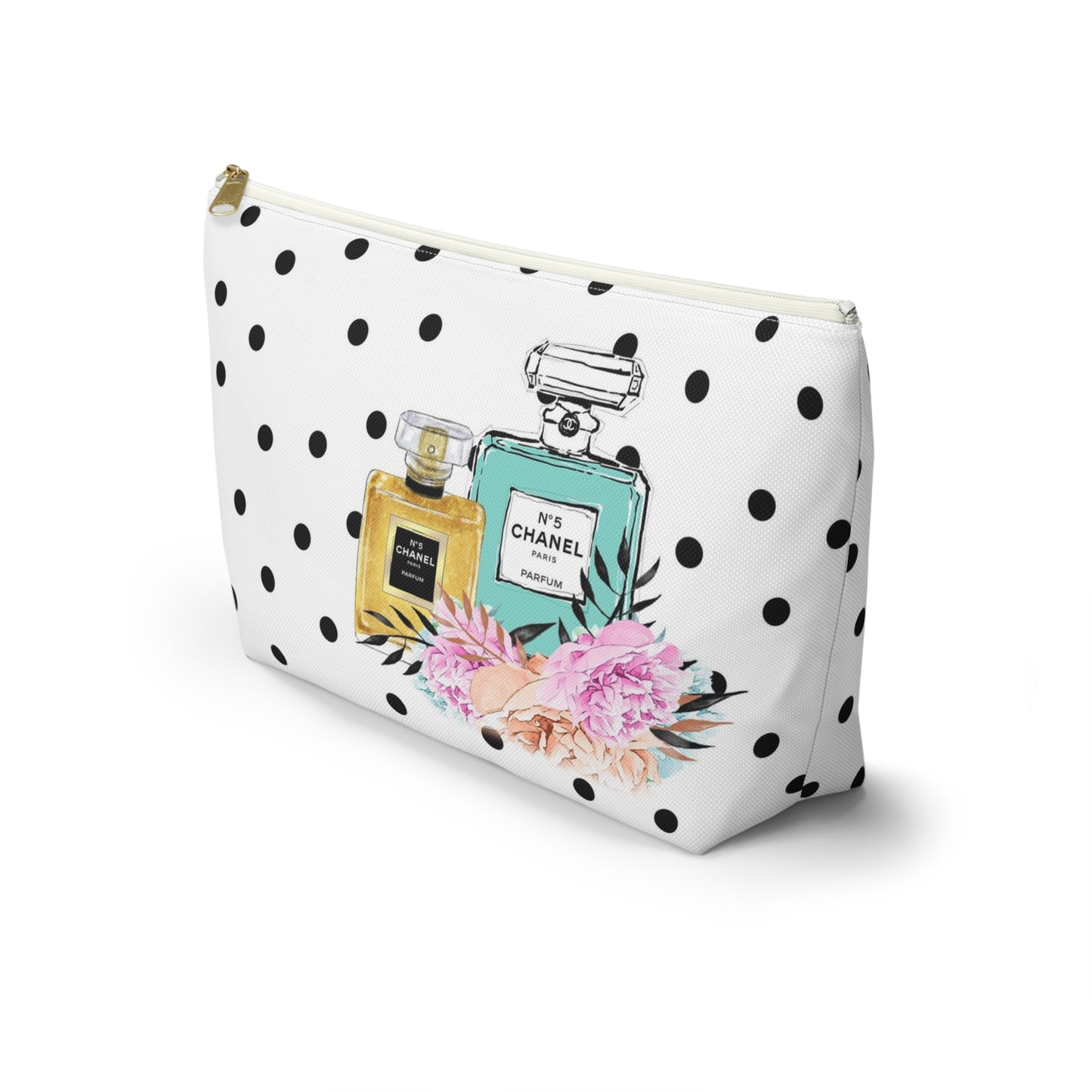 Personalized Perfume Bottle Cosmetic Pouch w T-bottom, Accessory Pouch, Perfume Bottle Polka Dot