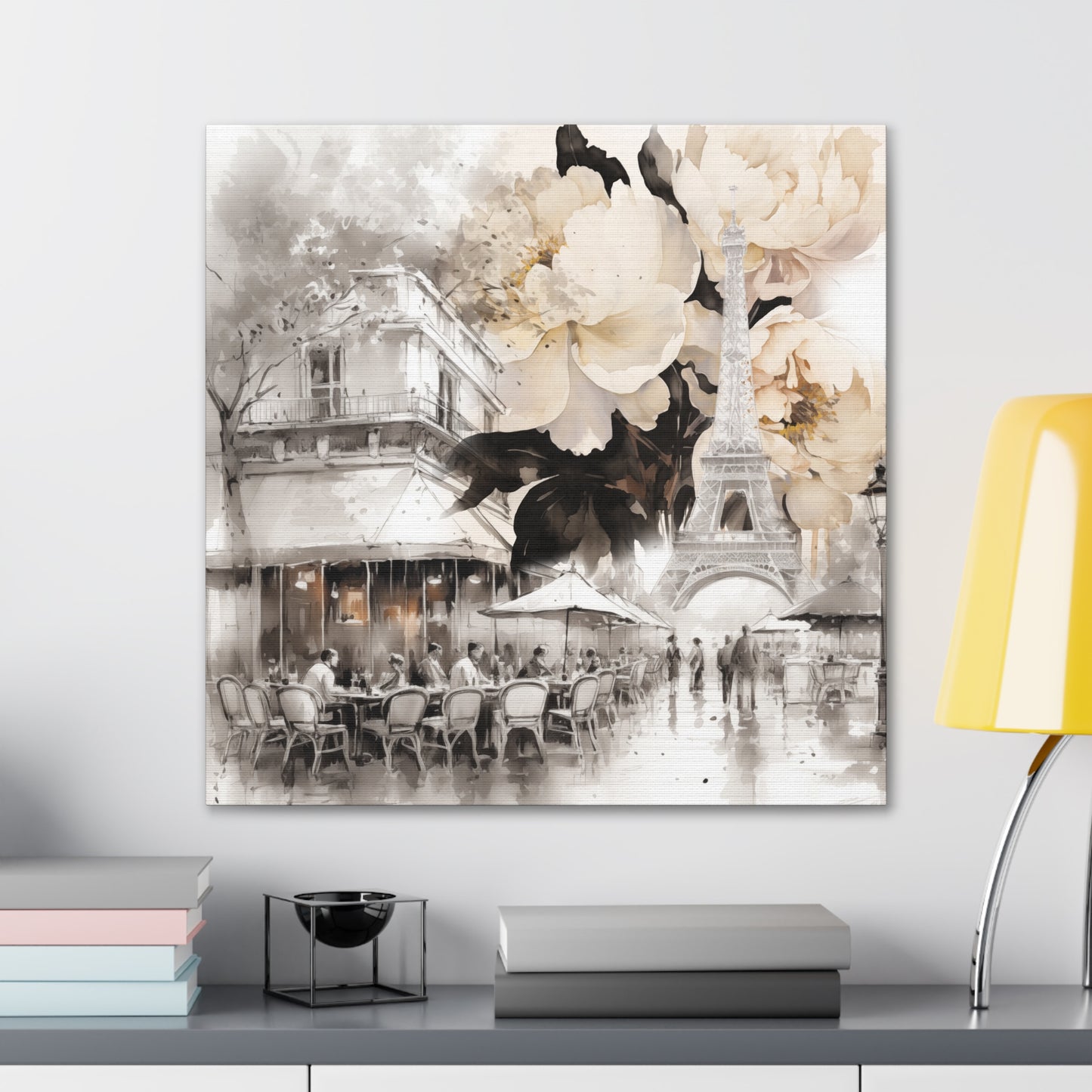 Cafe in Paris with Cream Peonies Canvas Gallery Wrap - 3 Sizes