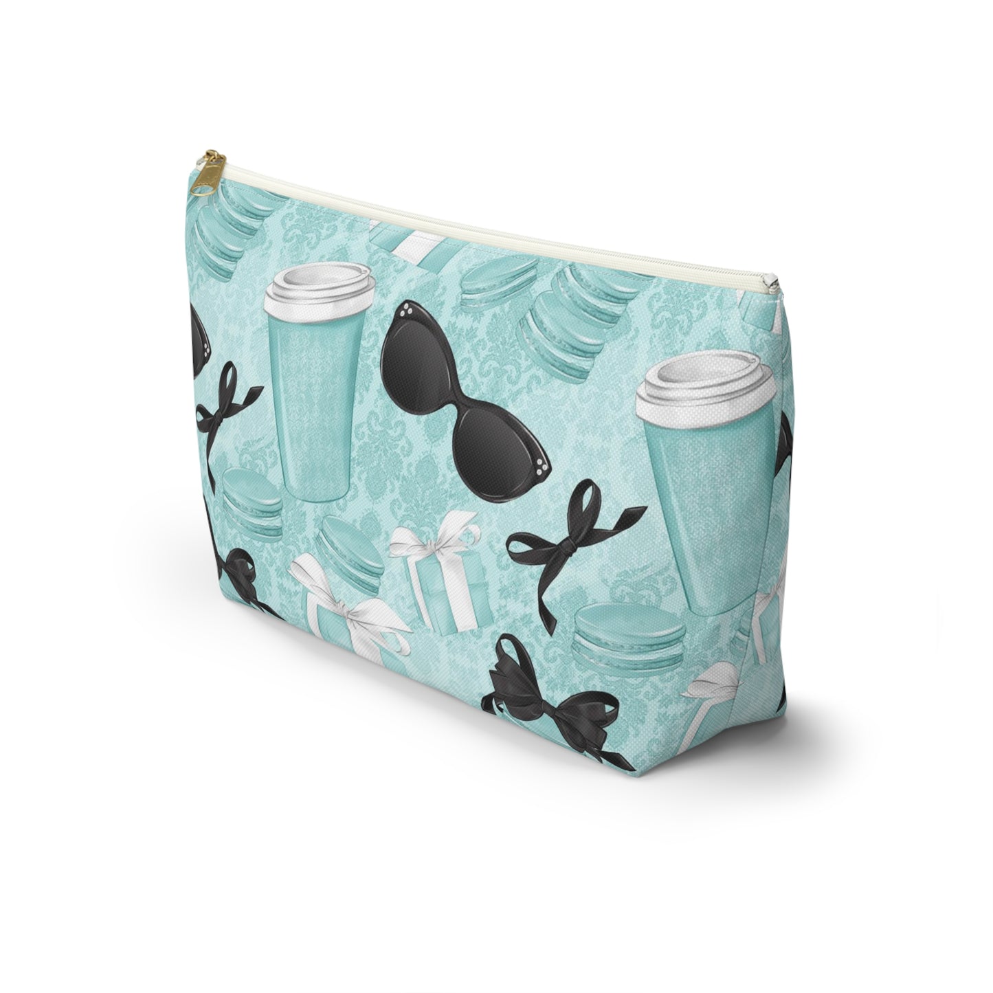 Parisian Blue Coffee and Macarons Cosmetic Pouch w T-bottom, Accessory Pouch, Blue Green