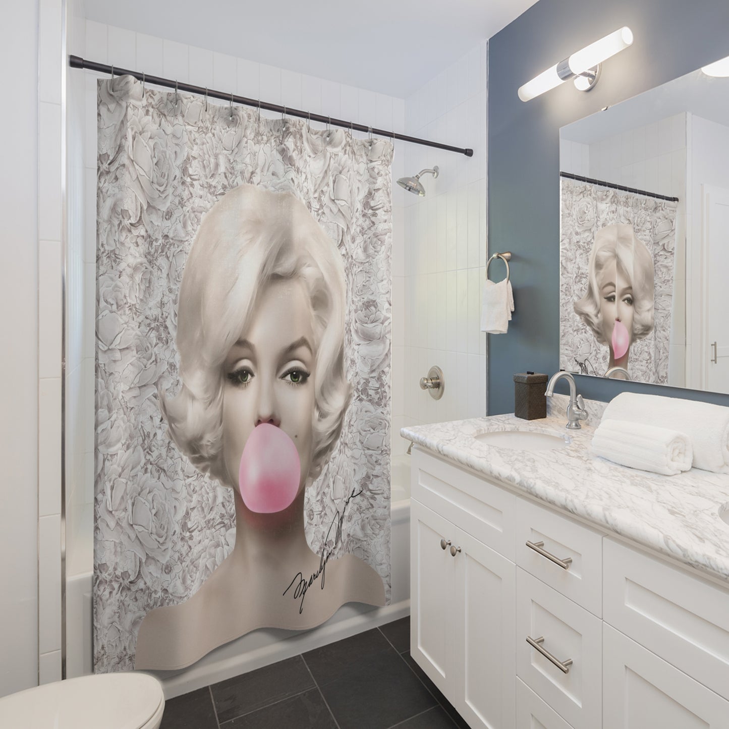 Marilyn Monroe Shower Curtain - Beige Rose and Autograph - Marilyn Monroe Bubblegum Bath Curtain