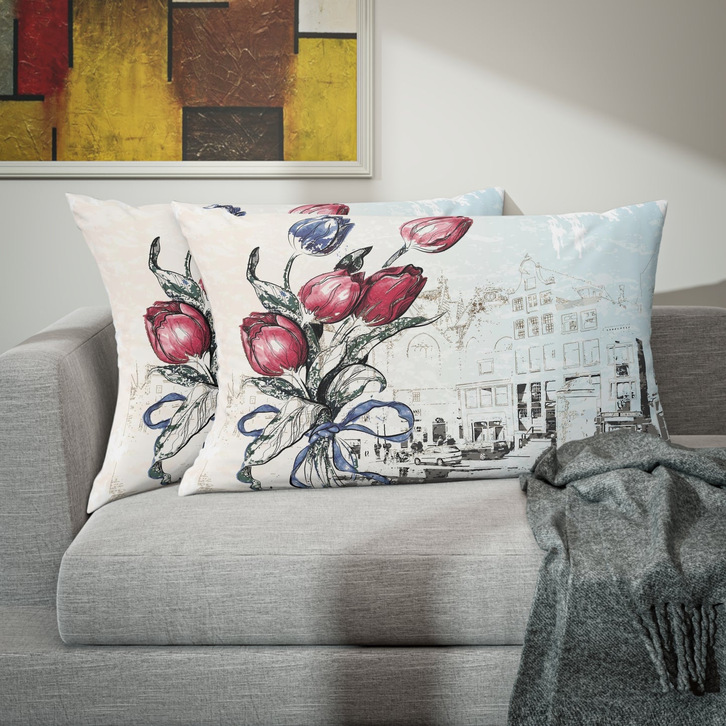 Tulips in Amsterdam Pillow Shams - Custom Designed Pillow Shams - King Pillow Shams - Abstract Bed Pillow Shams