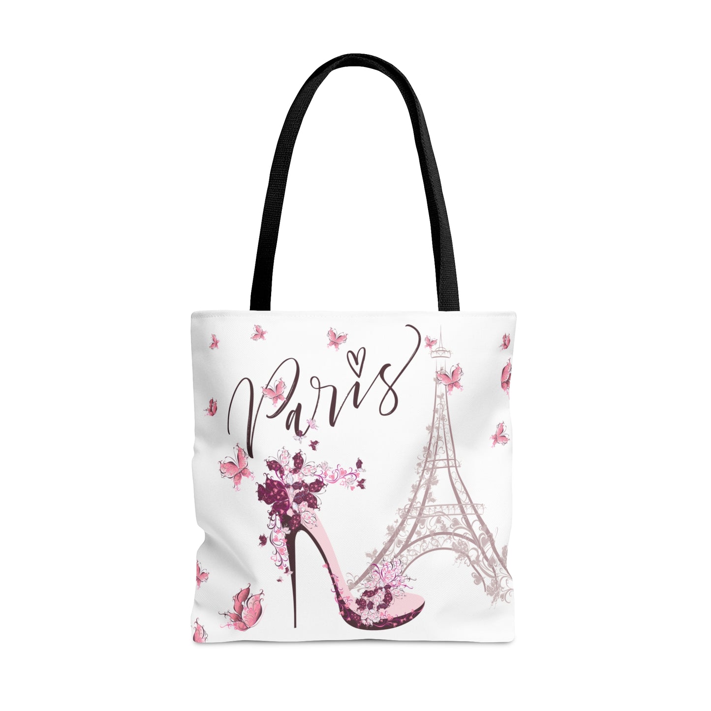 Personalized Eiffel Tower in Paris Tote Bag, Utility Tote - Paris France Inspired Tote - Pink Butterflies