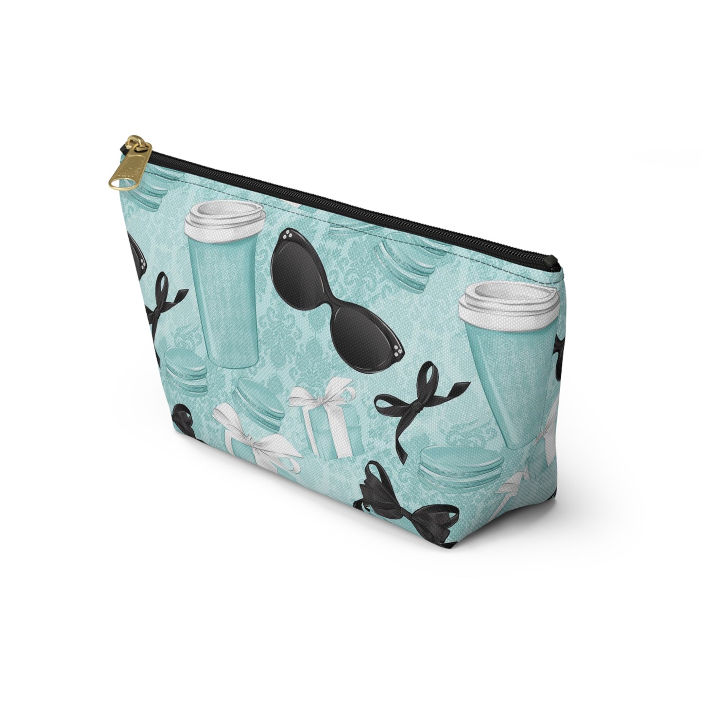 Parisian Blue Coffee and Macarons Cosmetic Pouch w T-bottom, Accessory Pouch, Blue Green