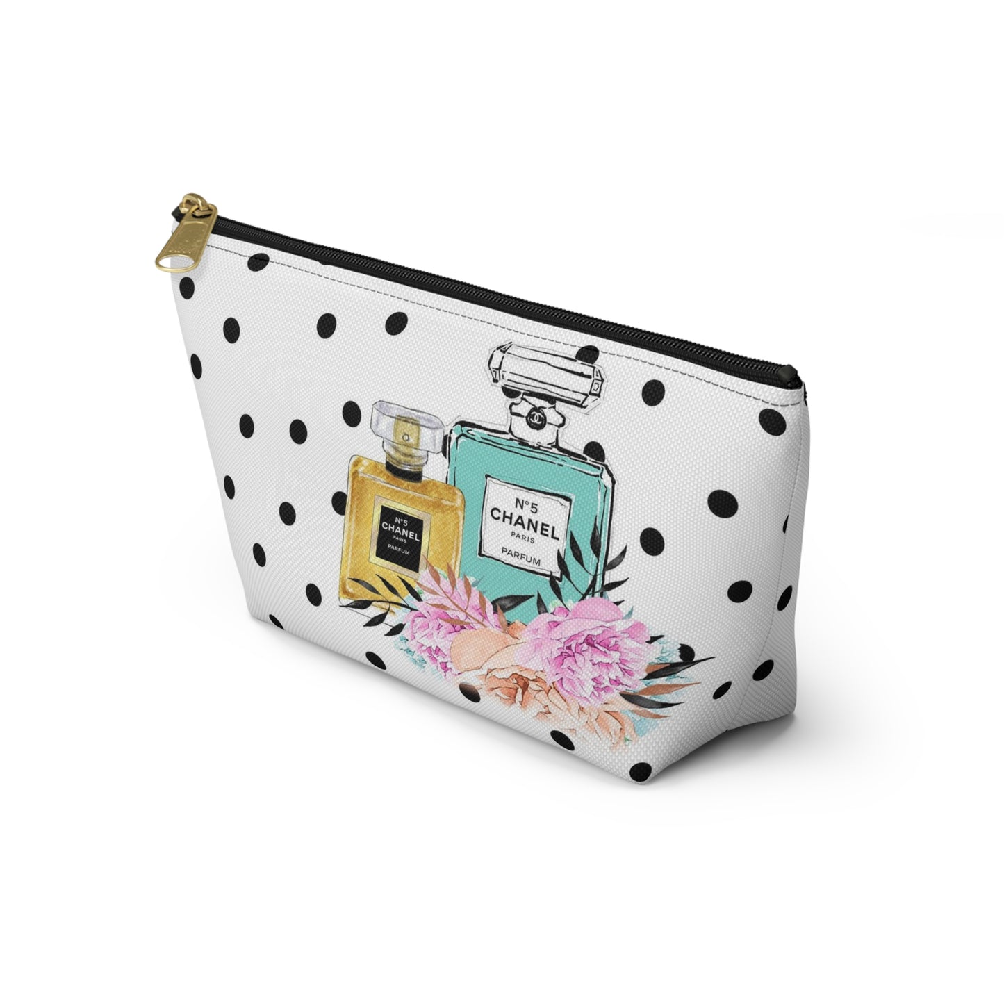 Personalized Perfume Bottle Cosmetic Pouch w T-bottom, Accessory Pouch, Perfume Bottle Polka Dot