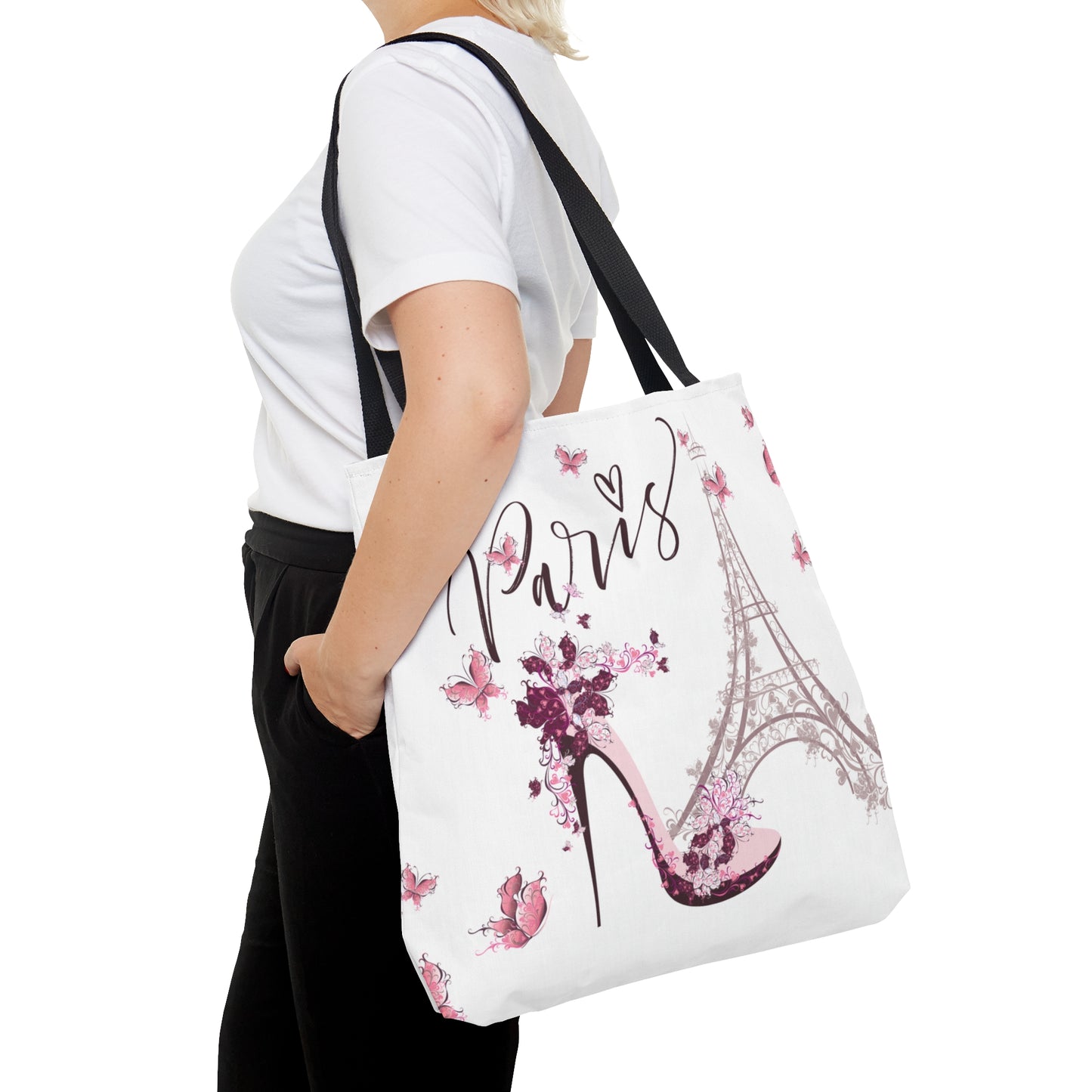 Personalized Eiffel Tower in Paris Tote Bag, Utility Tote - Paris France Inspired Tote - Pink Butterflies