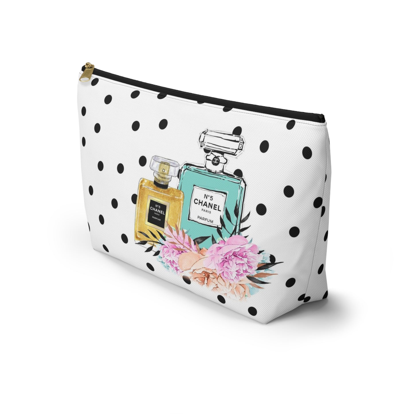 Personalized Perfume Bottle Cosmetic Pouch w T-bottom, Accessory Pouch, Perfume Bottle Polka Dot