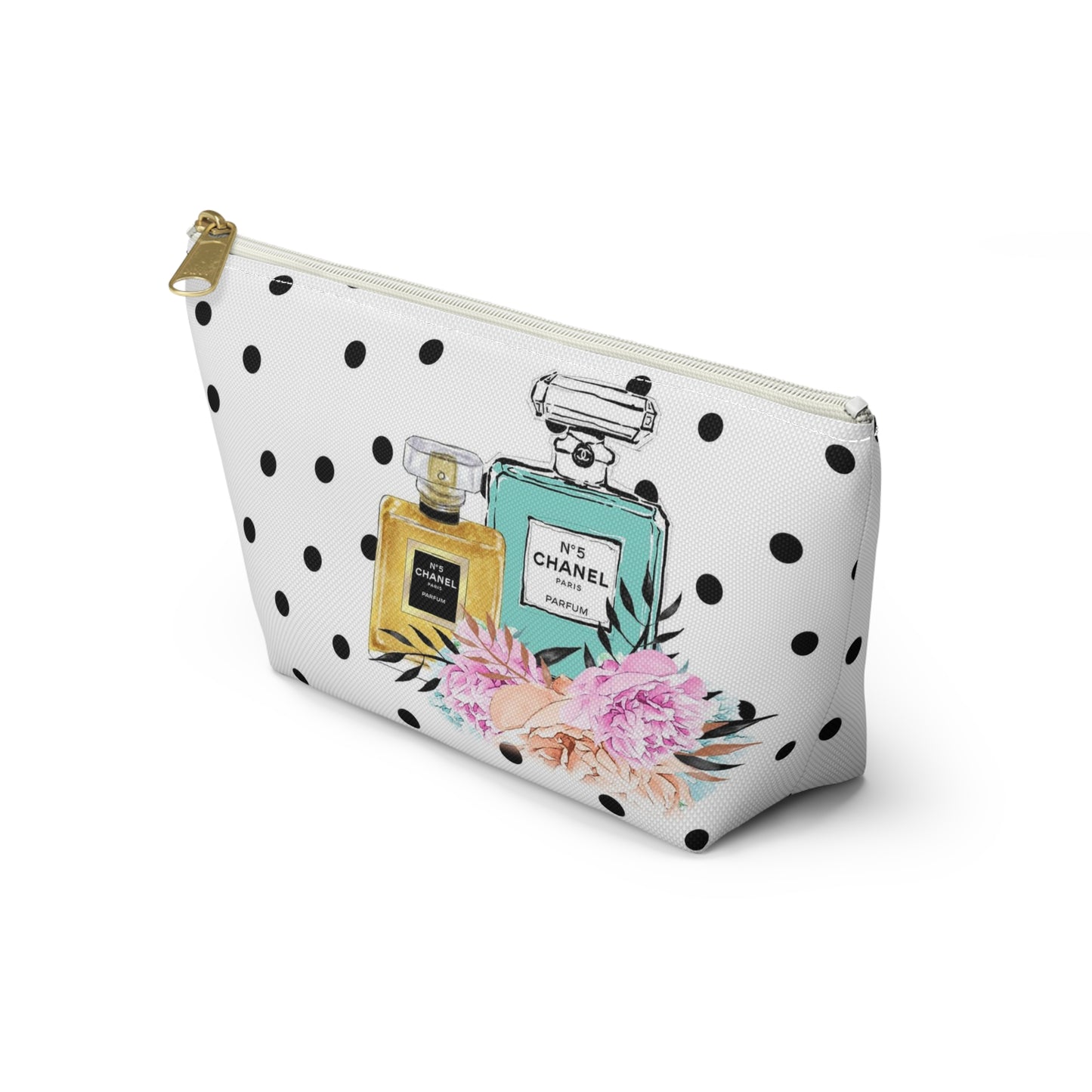 Personalized Perfume Bottle Cosmetic Pouch w T-bottom, Accessory Pouch, Perfume Bottle Polka Dot