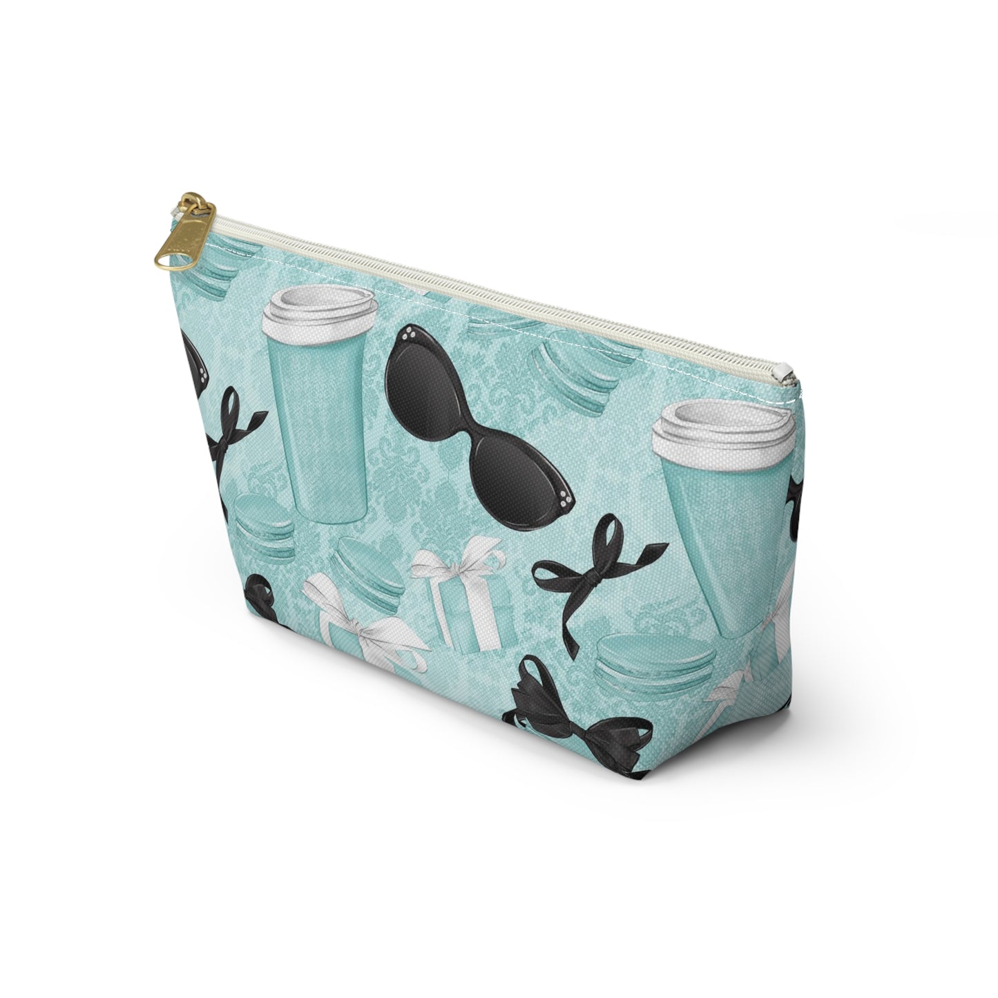 Parisian Blue Coffee and Macarons Cosmetic Pouch w T-bottom, Accessory Pouch, Blue Green