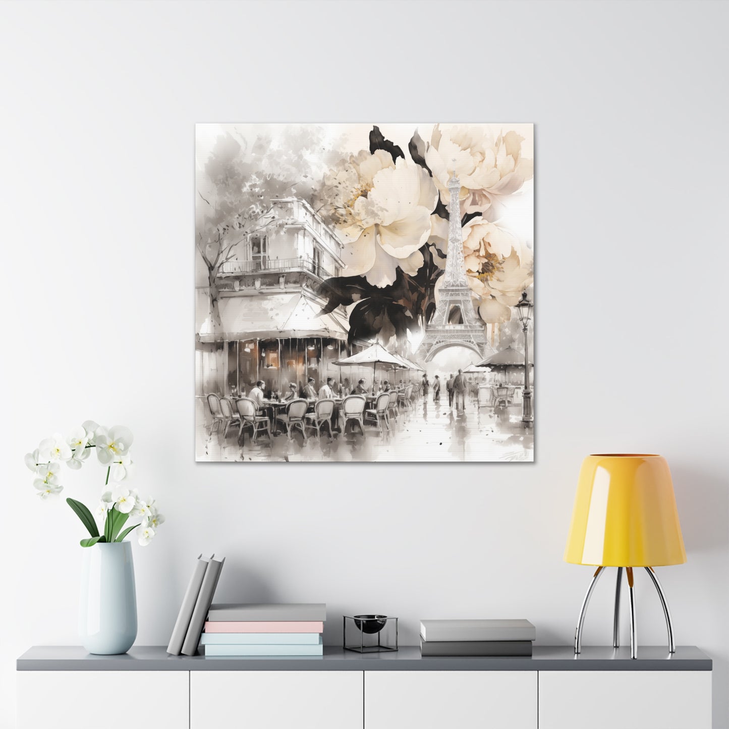 Cafe in Paris with Cream Peonies Canvas Gallery Wrap - 3 Sizes