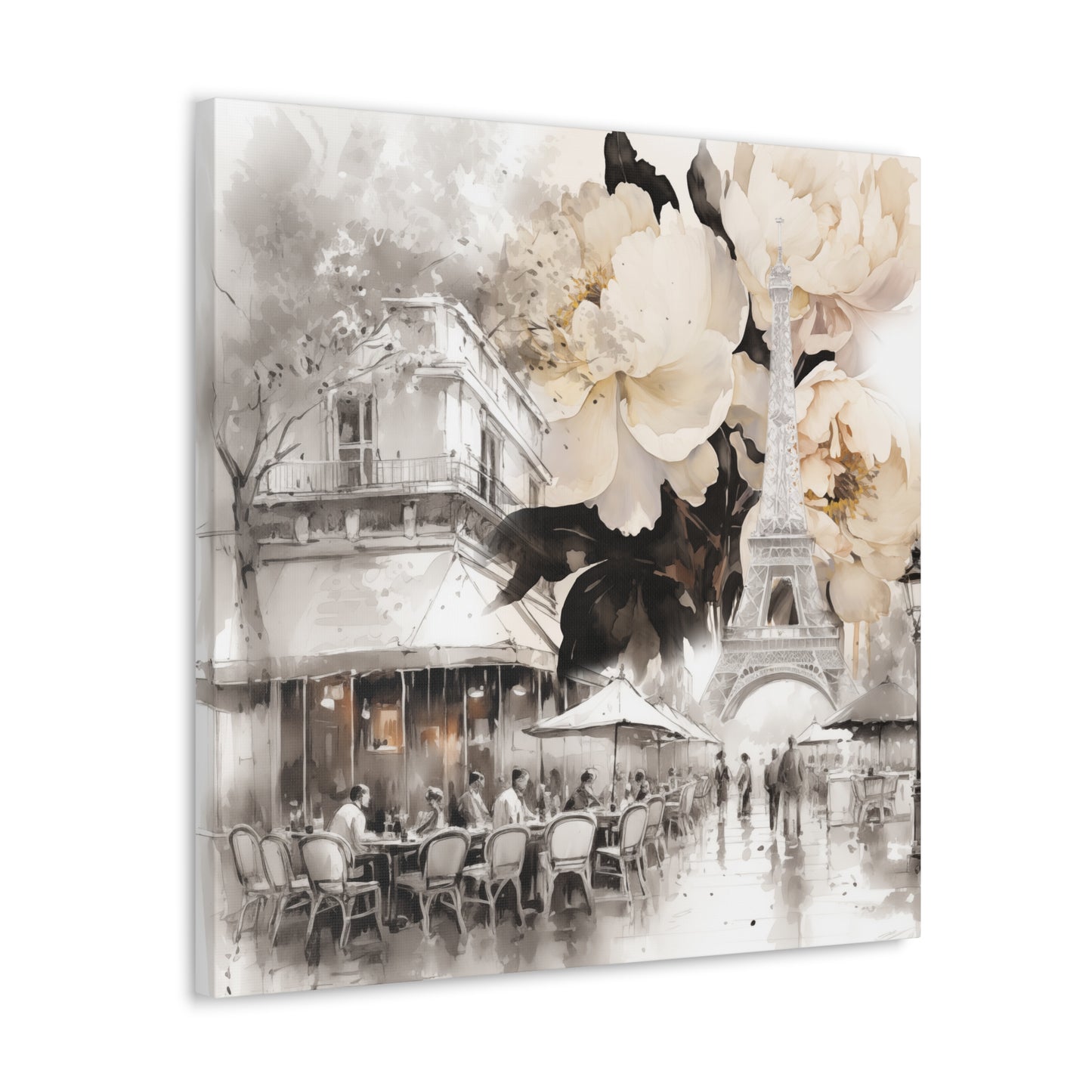 Cafe in Paris with Cream Peonies Canvas Gallery Wrap - 3 Sizes