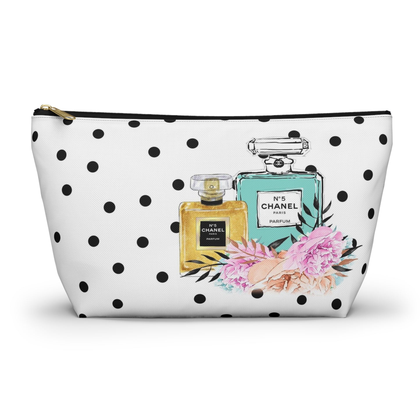 Personalized Perfume Bottle Cosmetic Pouch w T-bottom, Accessory Pouch, Perfume Bottle Polka Dot