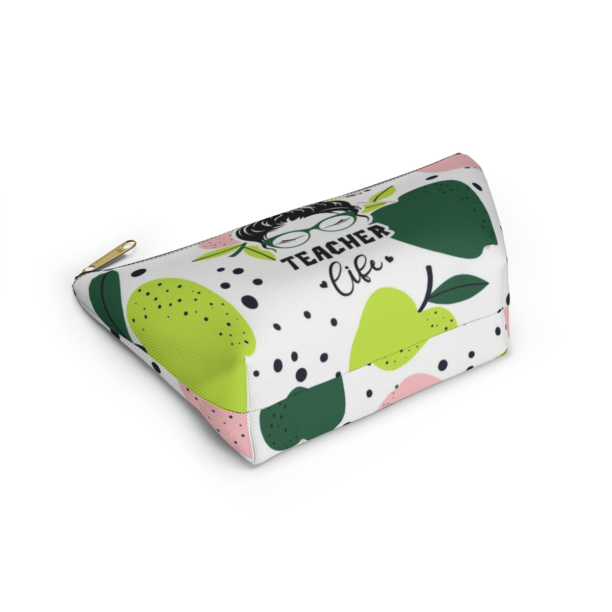 Teacher Life Cosmetic Pouch w T-bottom, Accessory Pouch, Pink and Green Apple Dot