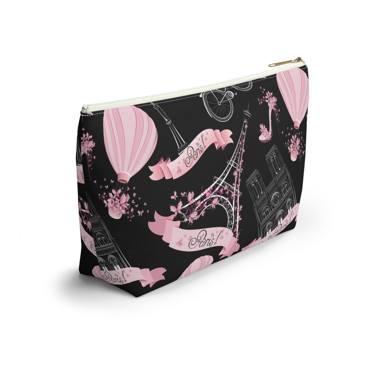 Whimsy in Paris Cosmetic Pouch w T-bottom, Accessory Pouch - Pink and Black Eiffel Tower Paris France Pouch