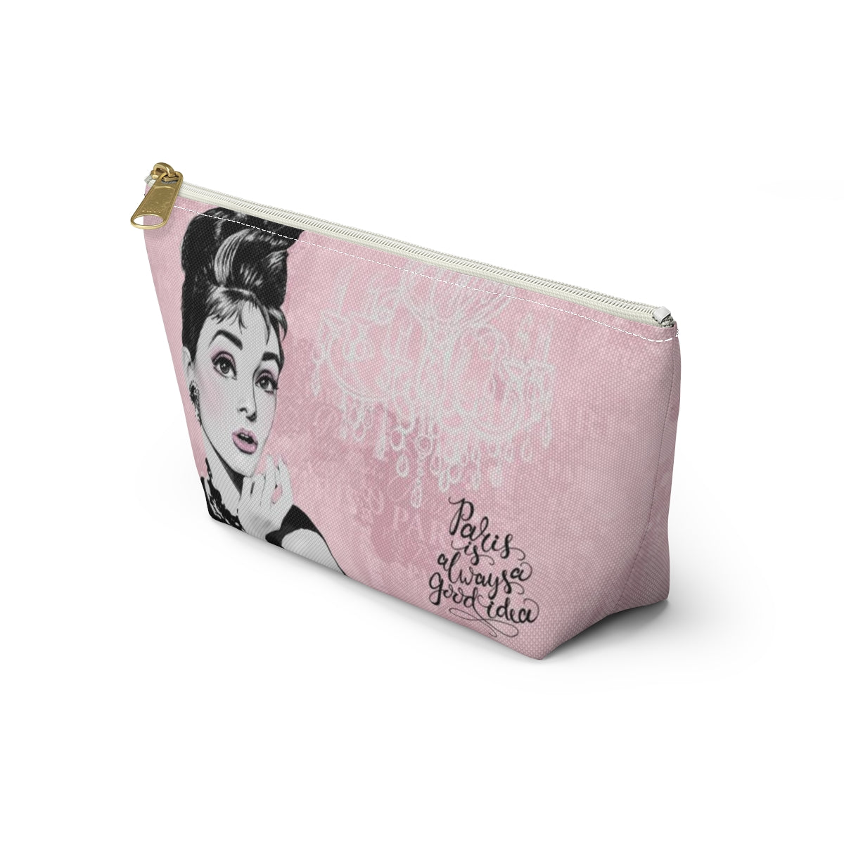 Audrey Hepburn Pouch w T-bottom, Accessory Pouch - Pink Paris is Always a Good Idea Chandelier Bag