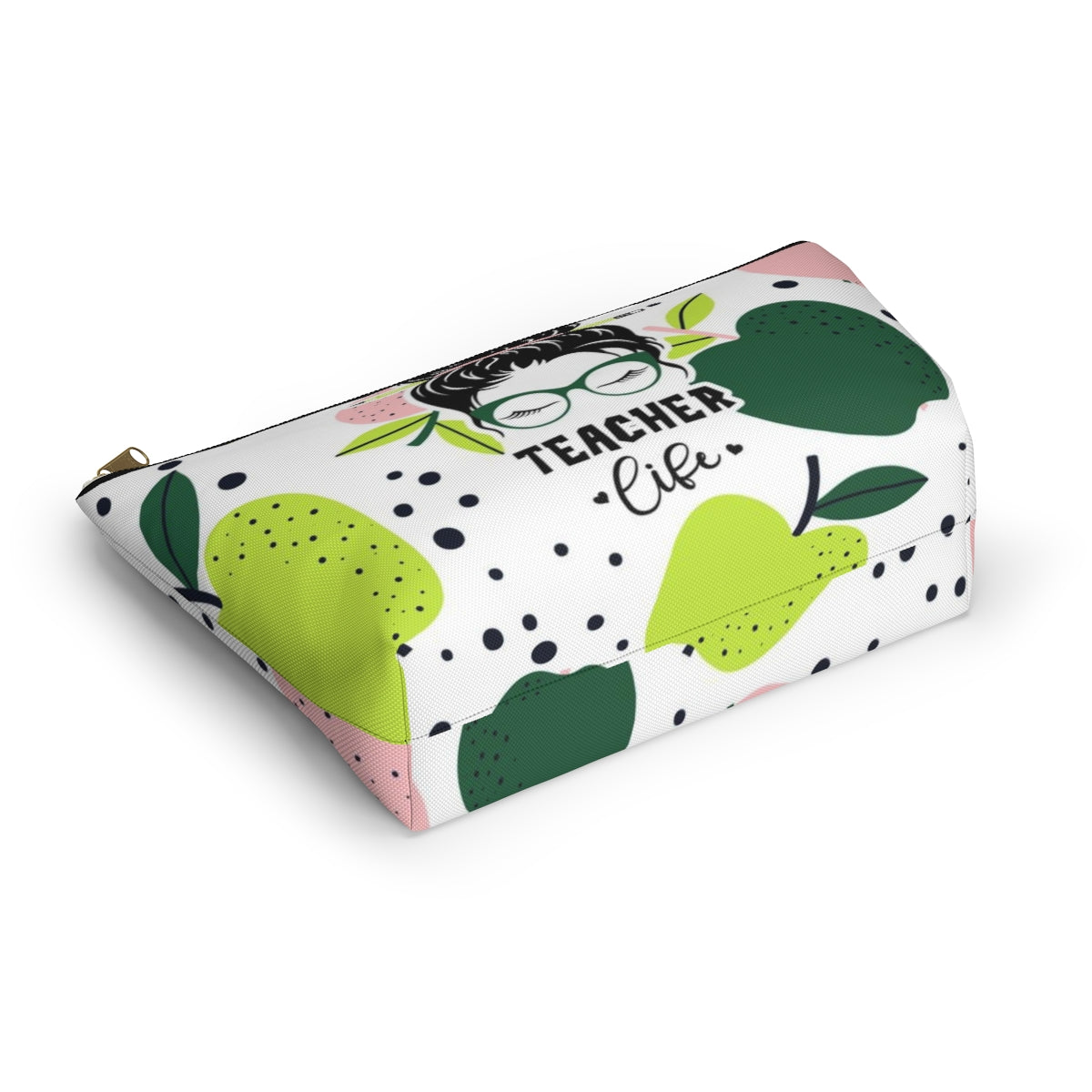 Teacher Life Cosmetic Pouch w T-bottom, Accessory Pouch, Pink and Green Apple Dot