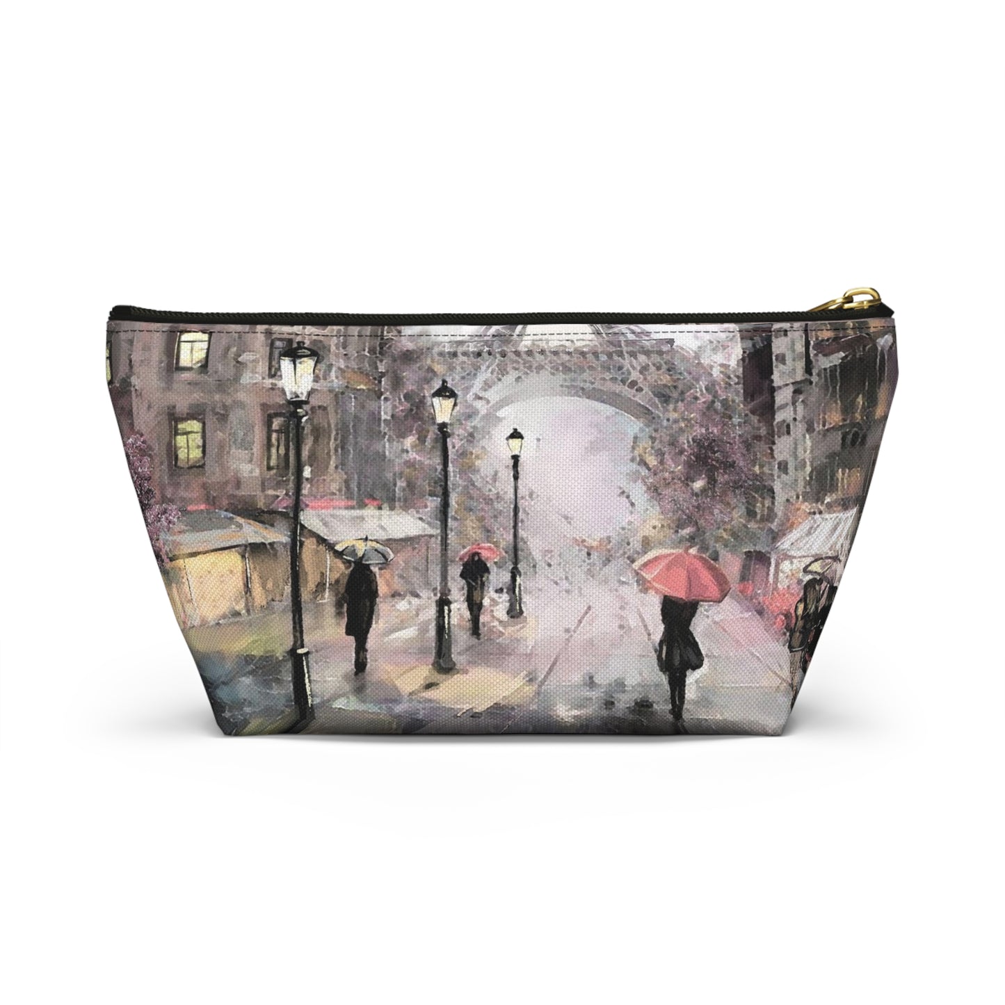 Eiffel Tower Cosmetic Pouch w T-bottom, Accessory Pouch - Pastel Rain in Paris