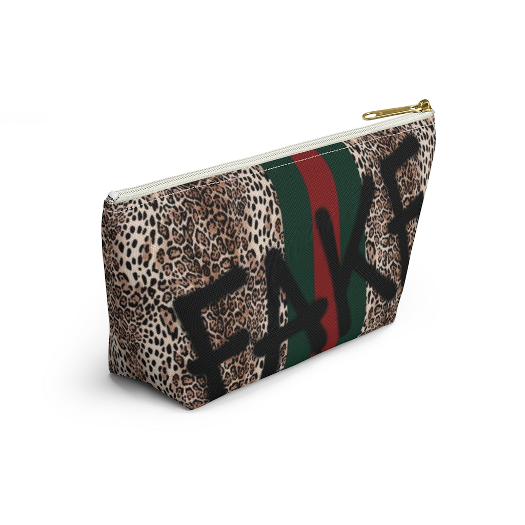 FAKE Fashion Cosmetic Pouch w T-bottom, Accessory Pouch, Leopard Red Green Stripe