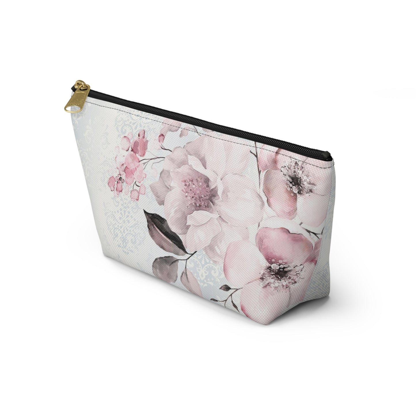 Personalized Pink Flower Damask - Cosmetic Pouch w T-bottom, Accessory Pouch