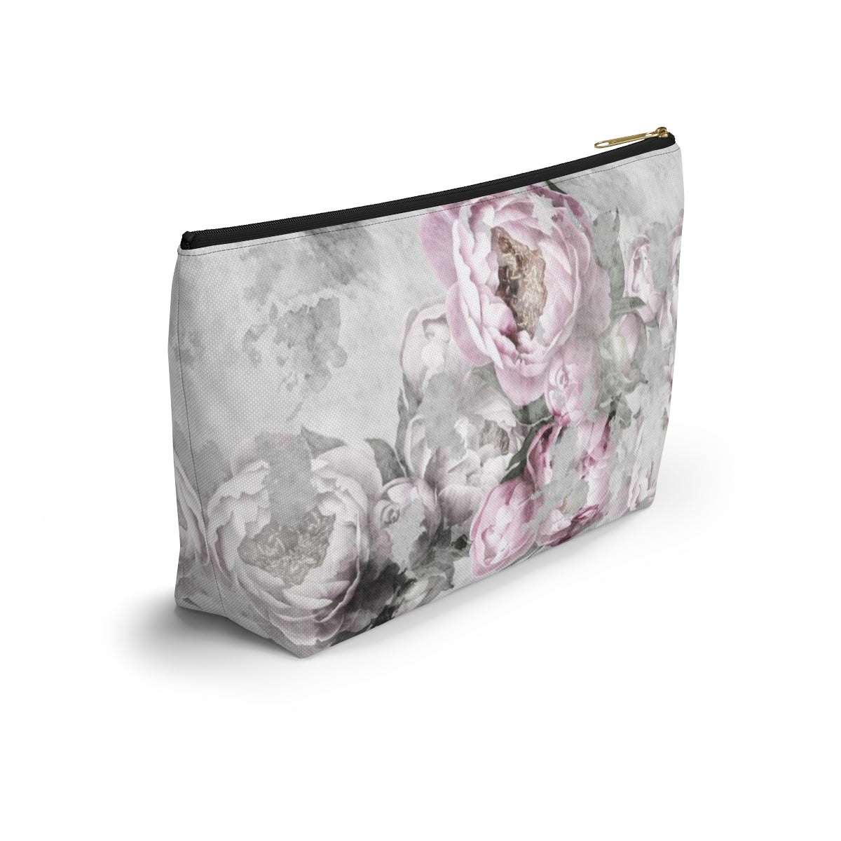 Peony Cosmetic Pouch w T-bottom, Accessory Pouch, Antiqued Pink and Grey