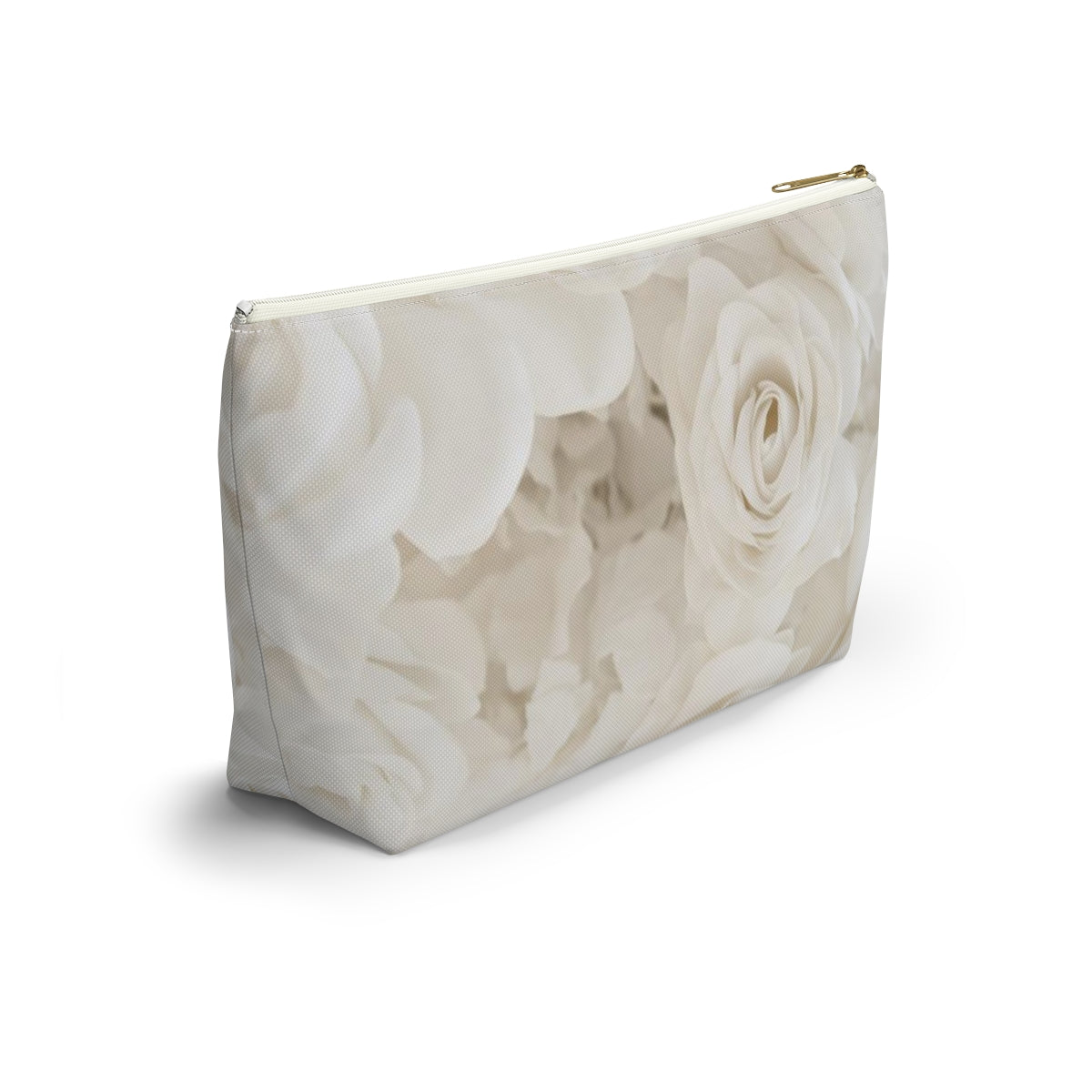 Personalized Cream Rose Cosmetic Pouch w T-bottom, Accessory Pouch - Off White Rose Leopard Print