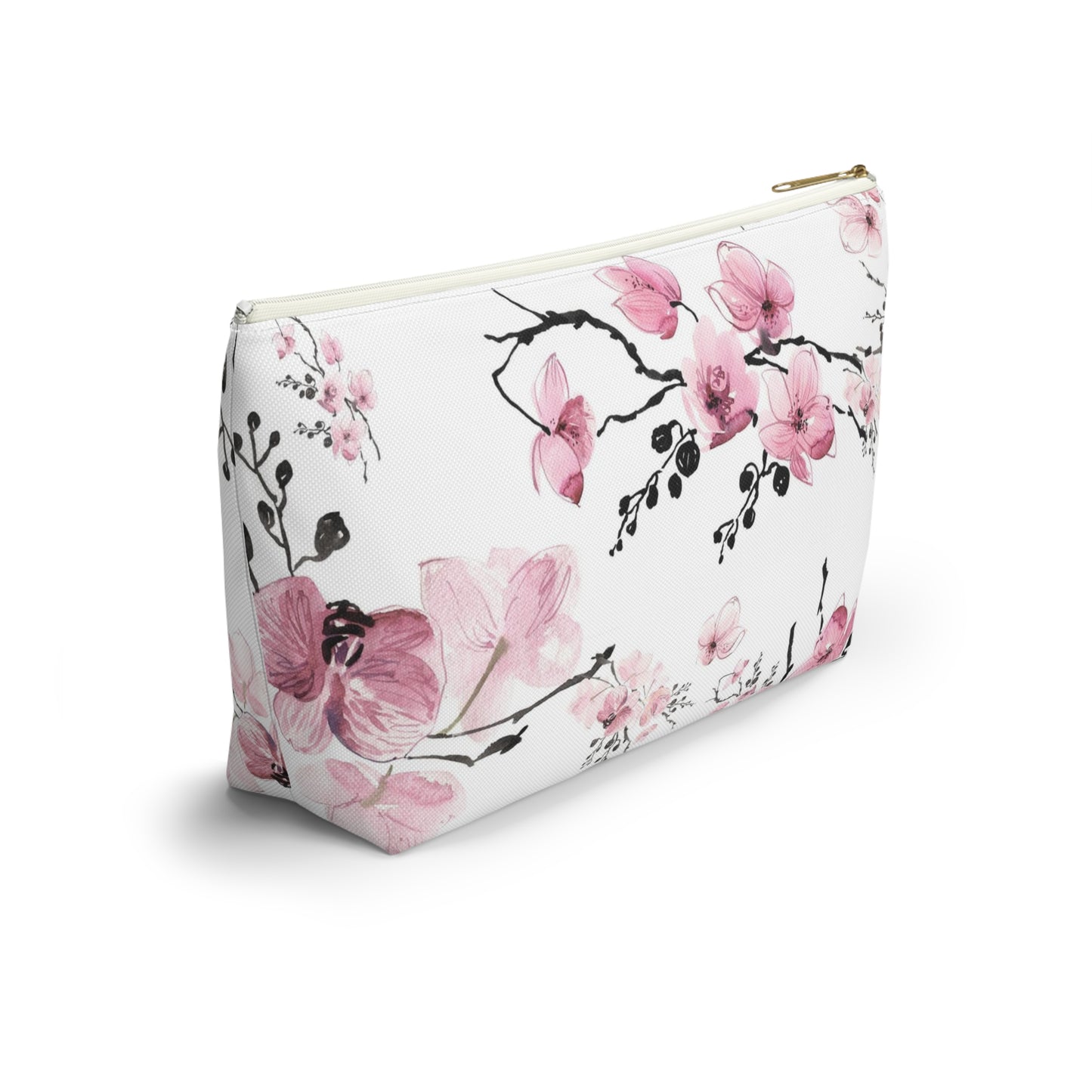 Sakura Cosmetic Pouch w T-bottom, Accessory Pouch - Pink Watercolor Cherry Blossom Makeup Bag