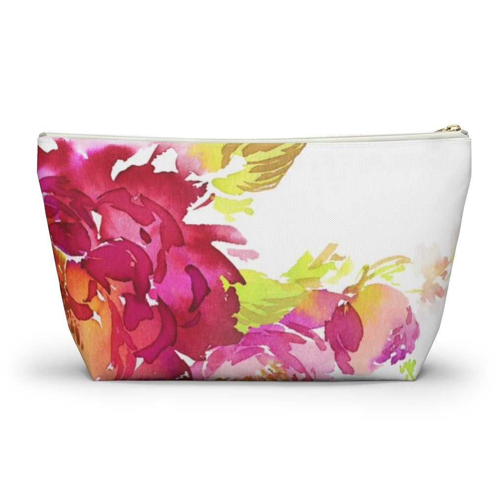 Bright Floral Cosmetic Pouch w T-bottom, Accessory Pouch, Pink