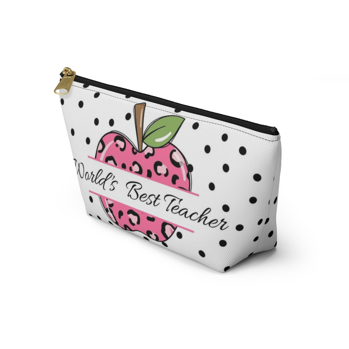 Personalized World's Best Teacher Cosmetic Pouch w T-bottom, Accessory Pouch, Pink Leopard Apple Dot