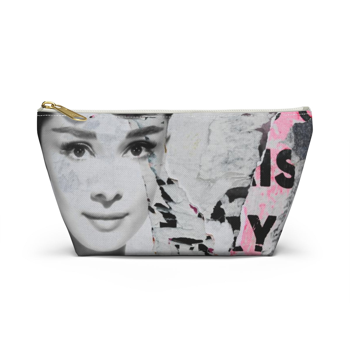 Audrey Hepburn Cosmetic Pouch w T-bottom, Accessory Pouch, Distressed Poster