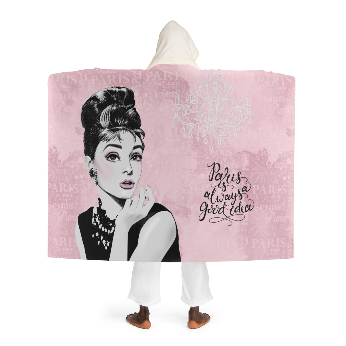 Audrey Hepburn Hooded Sherpa Fleece Blanket, Hooded Shrug - Pink Paris is Always a Good Idea Chandelier Wrap