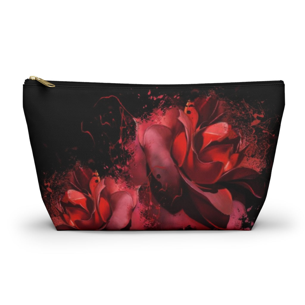 Painted Rose Cosmetic Pouch w T-bottom, Accessory Pouch, Red