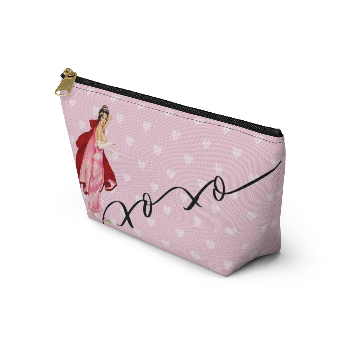 Personalized Pink Pinup Girl Cosmetic Pouch w T-bottom, Accessory Pouch - Red Riding Hood XOXO