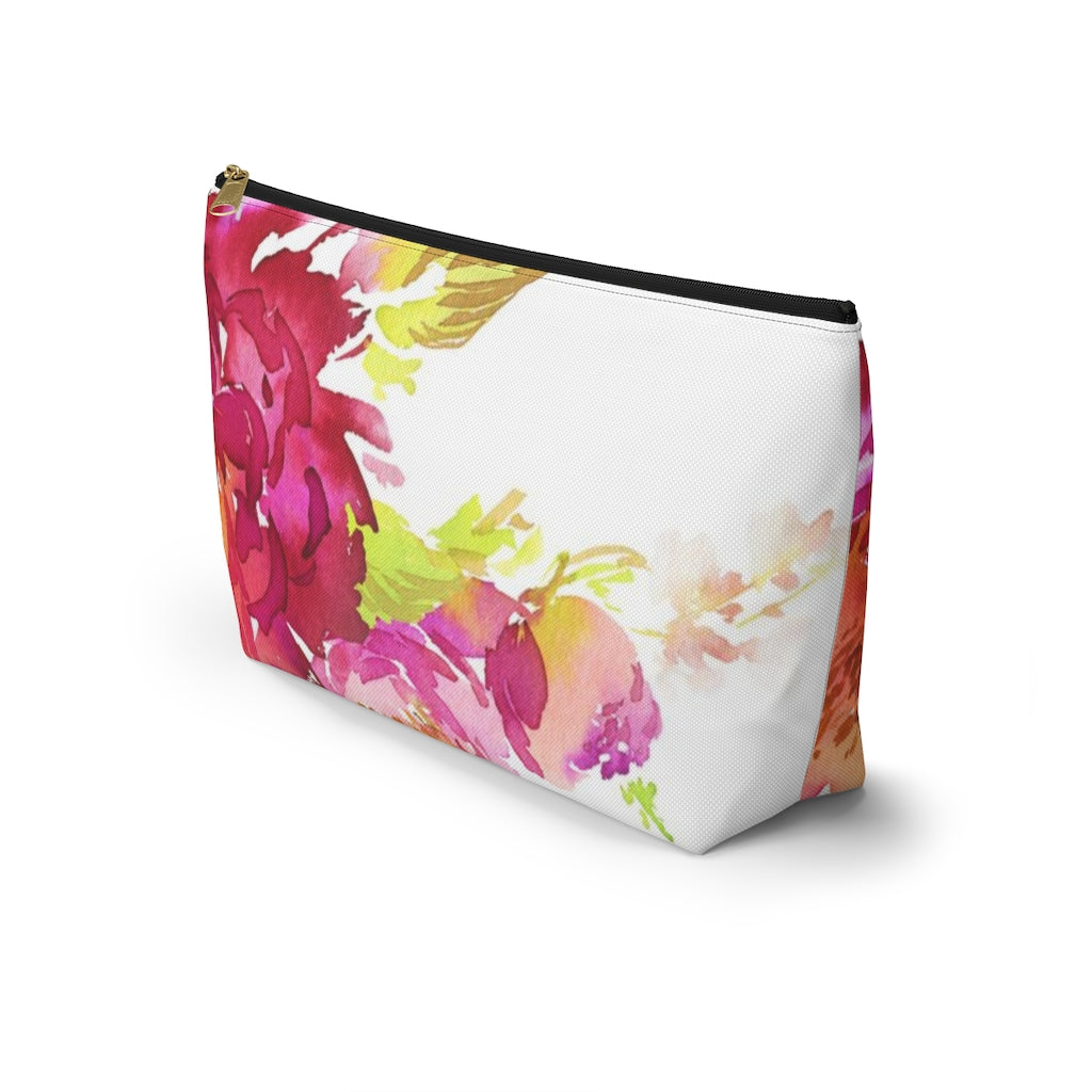 Bright Floral Cosmetic Pouch w T-bottom, Accessory Pouch, Pink