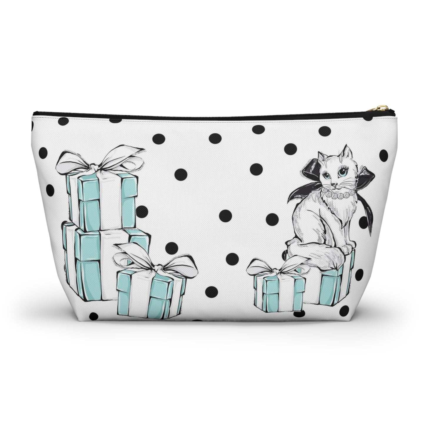 Personalized Kitty Cat Cosmetic Pouch w T-bottom, Accessory Pouch, Cats Polka Dot Breakfast at Tiffany