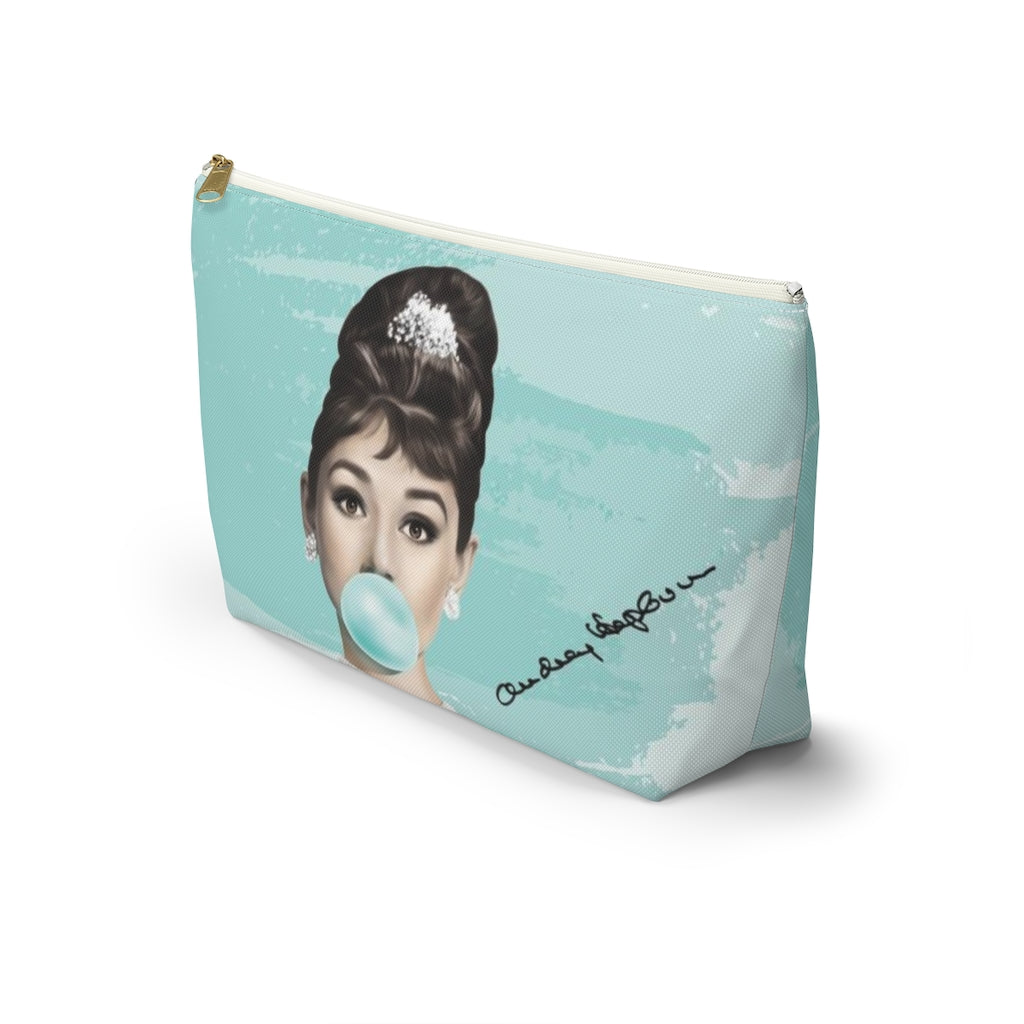 Audrey Hepburn Cosmetic Pouch w T-bottom, Accessory Pouch, Blue Green Signature