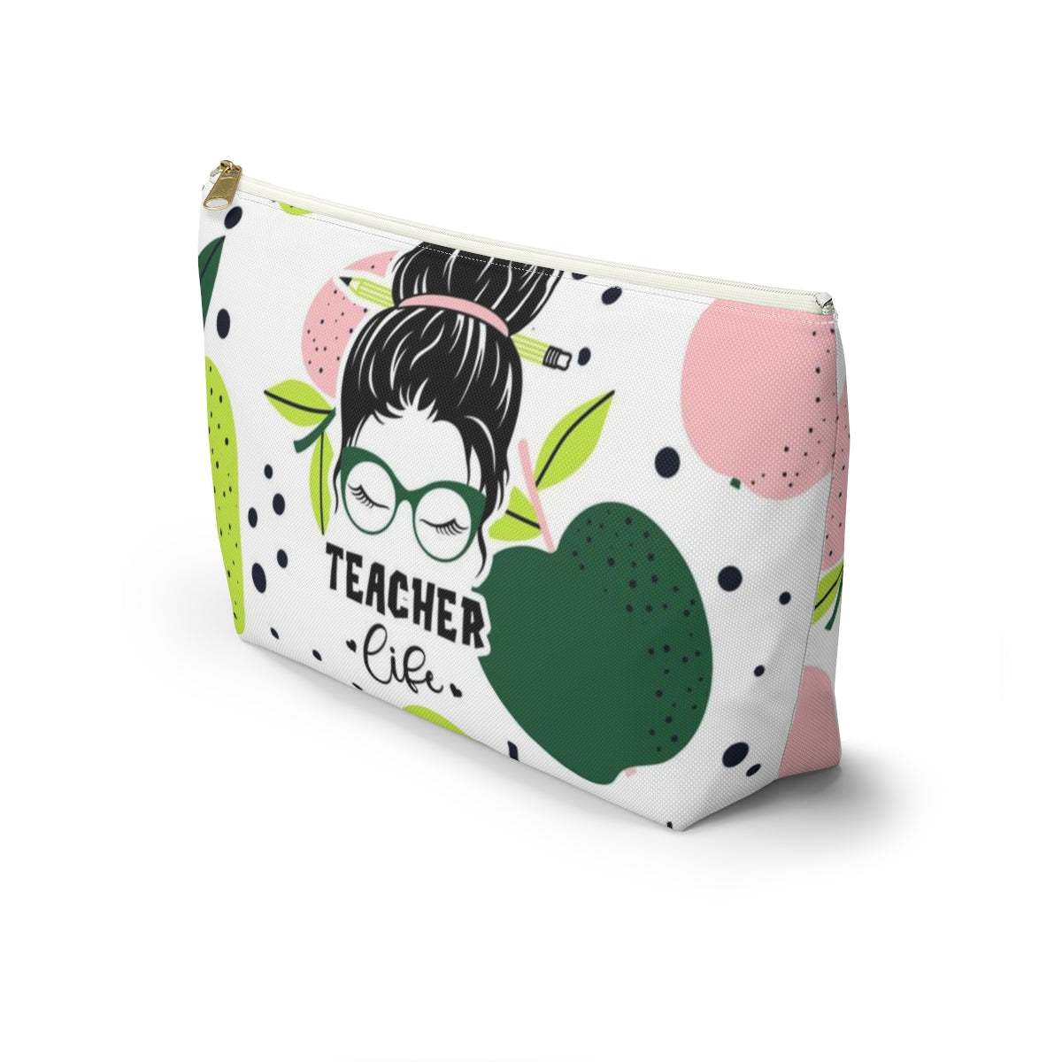 Teacher Life Cosmetic Pouch w T-bottom, Accessory Pouch, Pink and Green Apple Dot