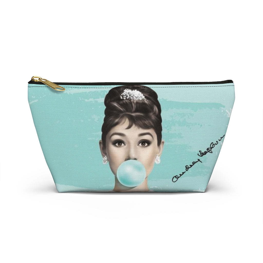 Audrey Hepburn Cosmetic Pouch w T-bottom, Accessory Pouch, Blue Green Signature