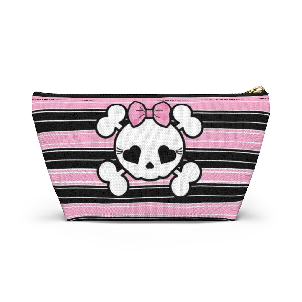 Candy Skull Cosmetic Pouch w T-bottom, Accessory Pouch, Pink Black Stripe