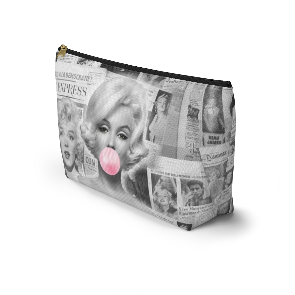 Marilyn Monroe Cosmetic Pouch w T-bottom, Accessory Pouch - Marilyn Bubblegum Pink International News Makeup Bag