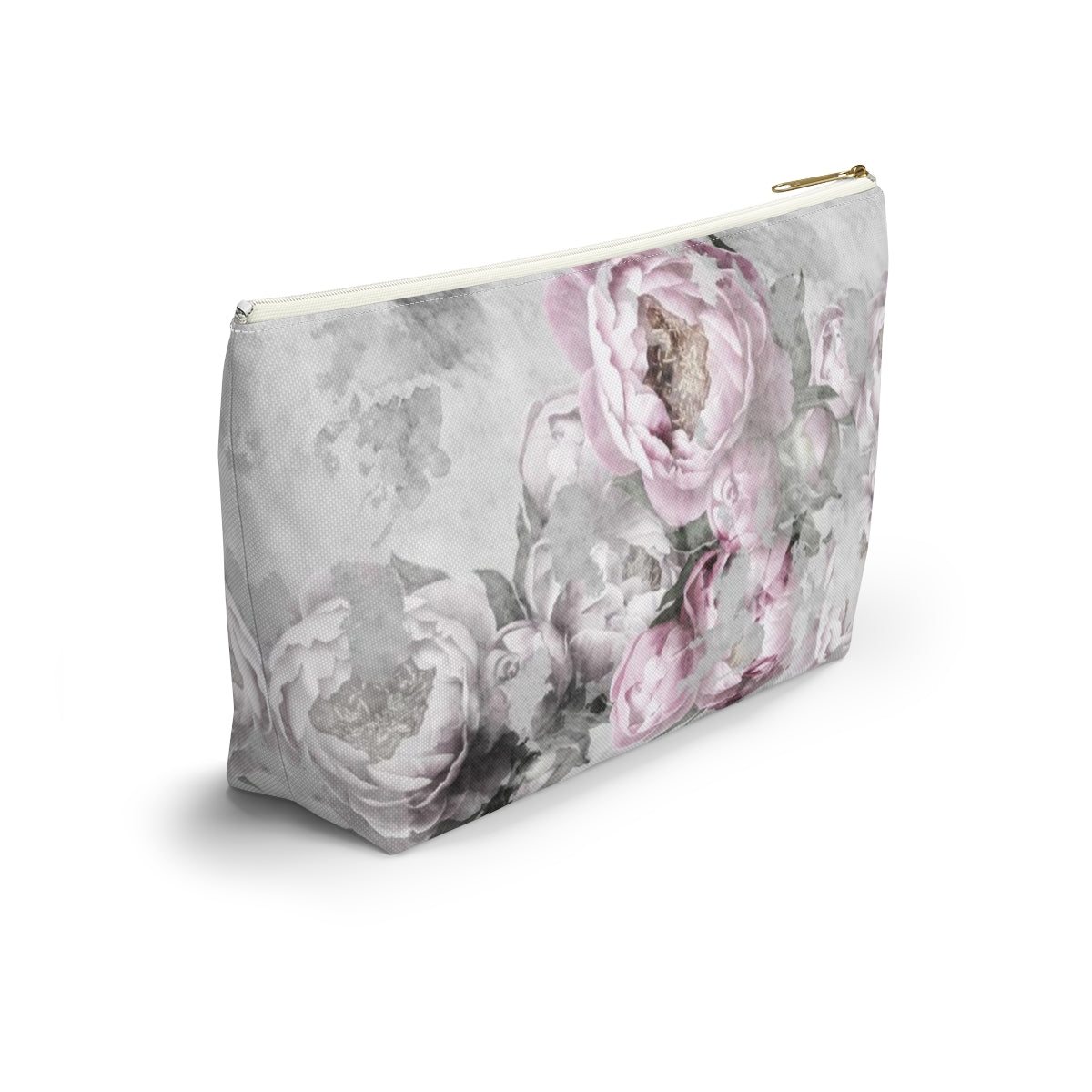 Peony Cosmetic Pouch w T-bottom, Accessory Pouch, Antiqued Pink and Grey