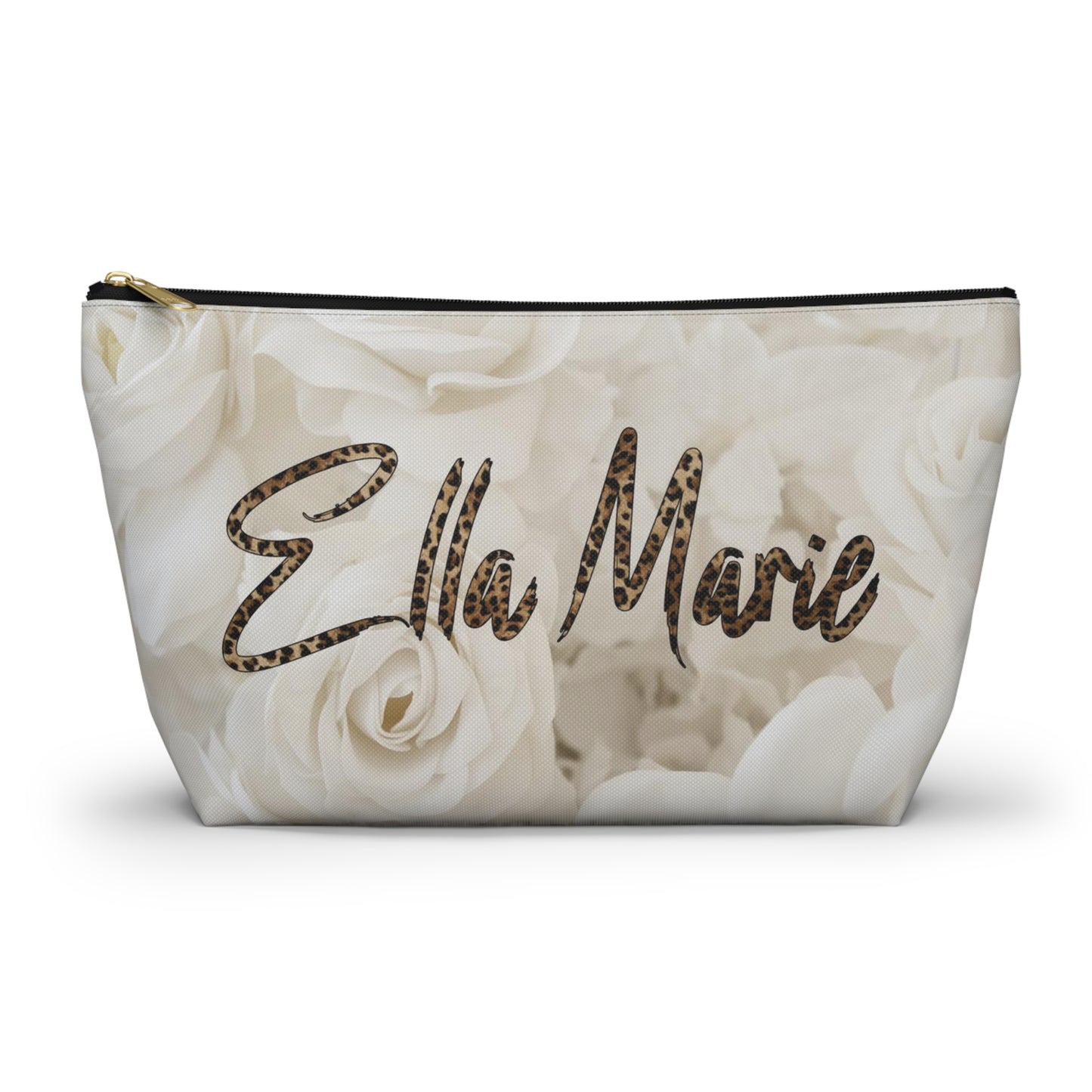 Personalized Cream Rose Cosmetic Pouch w T-bottom, Accessory Pouch - Off White Rose Leopard Print