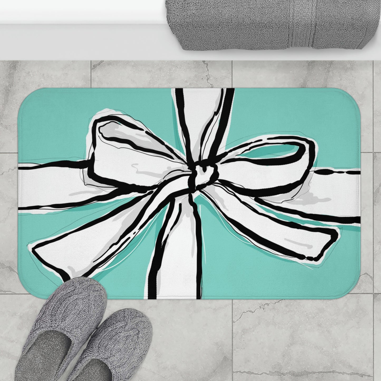 Hand Drawn Little Blue Box Bath Mat - Breakfast at Tiffany Inspired Floor Mat - Blue Green with White Bow