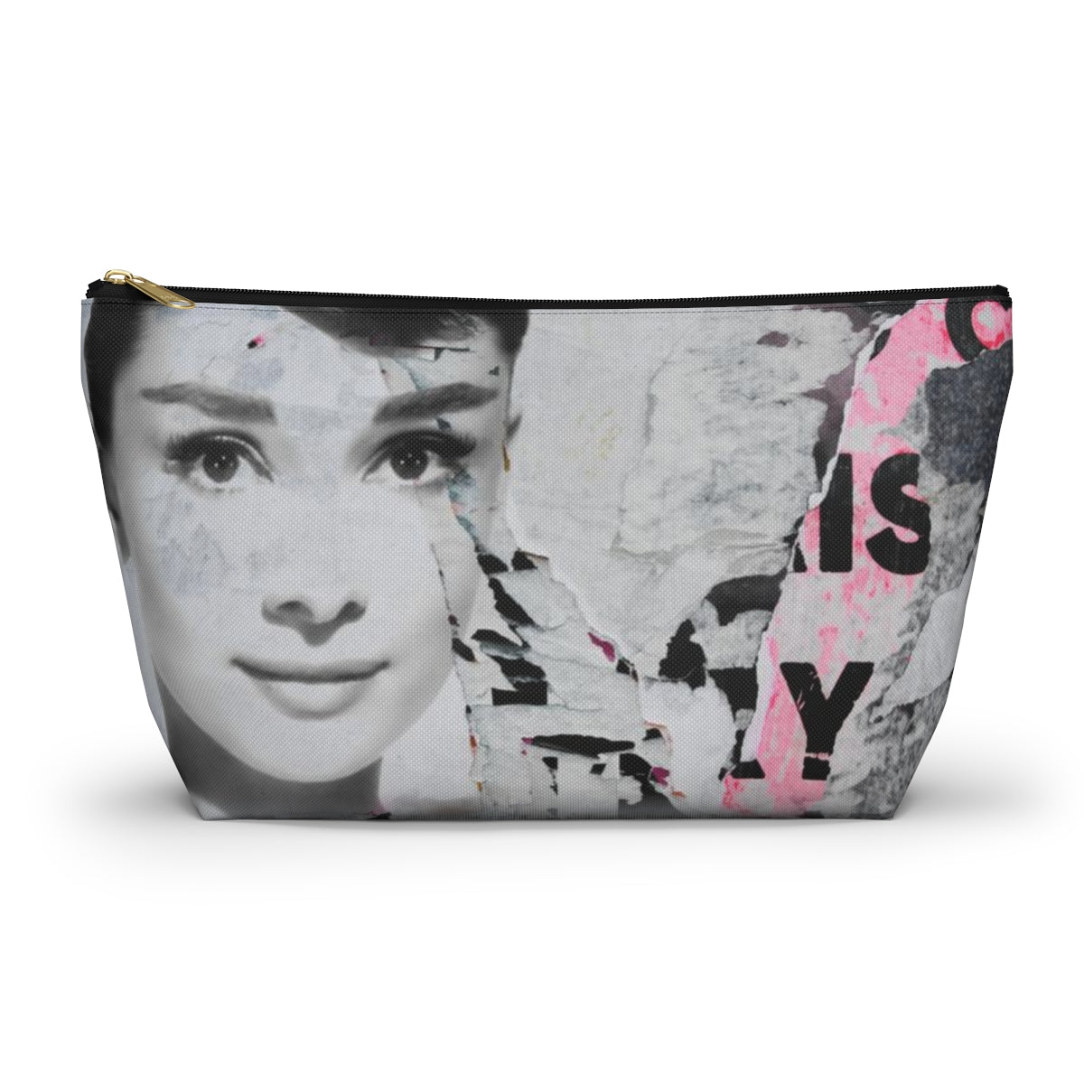 Audrey Hepburn Cosmetic Pouch w T-bottom, Accessory Pouch, Distressed Poster