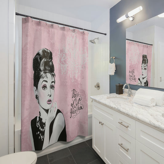 Audrey Hepburn Shower Curtain - Pink Paris Shower Curtain - Paris is Always a Good Idea Bathroom Curtain