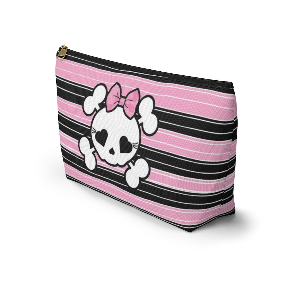 Candy Skull Cosmetic Pouch w T-bottom, Accessory Pouch, Pink Black Stripe