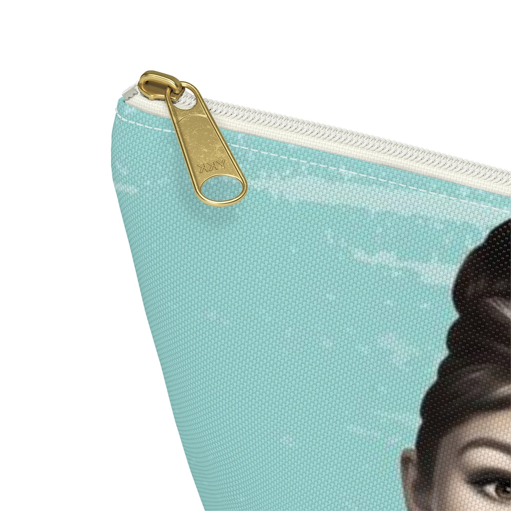 Audrey Hepburn Cosmetic Pouch w T-bottom, Accessory Pouch, Blue Green Signature