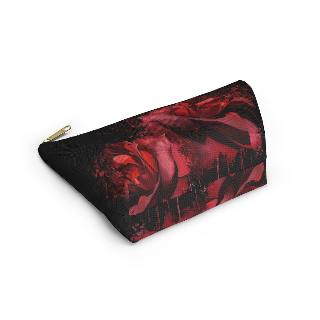 Painted Rose Cosmetic Pouch w T-bottom, Accessory Pouch, Red