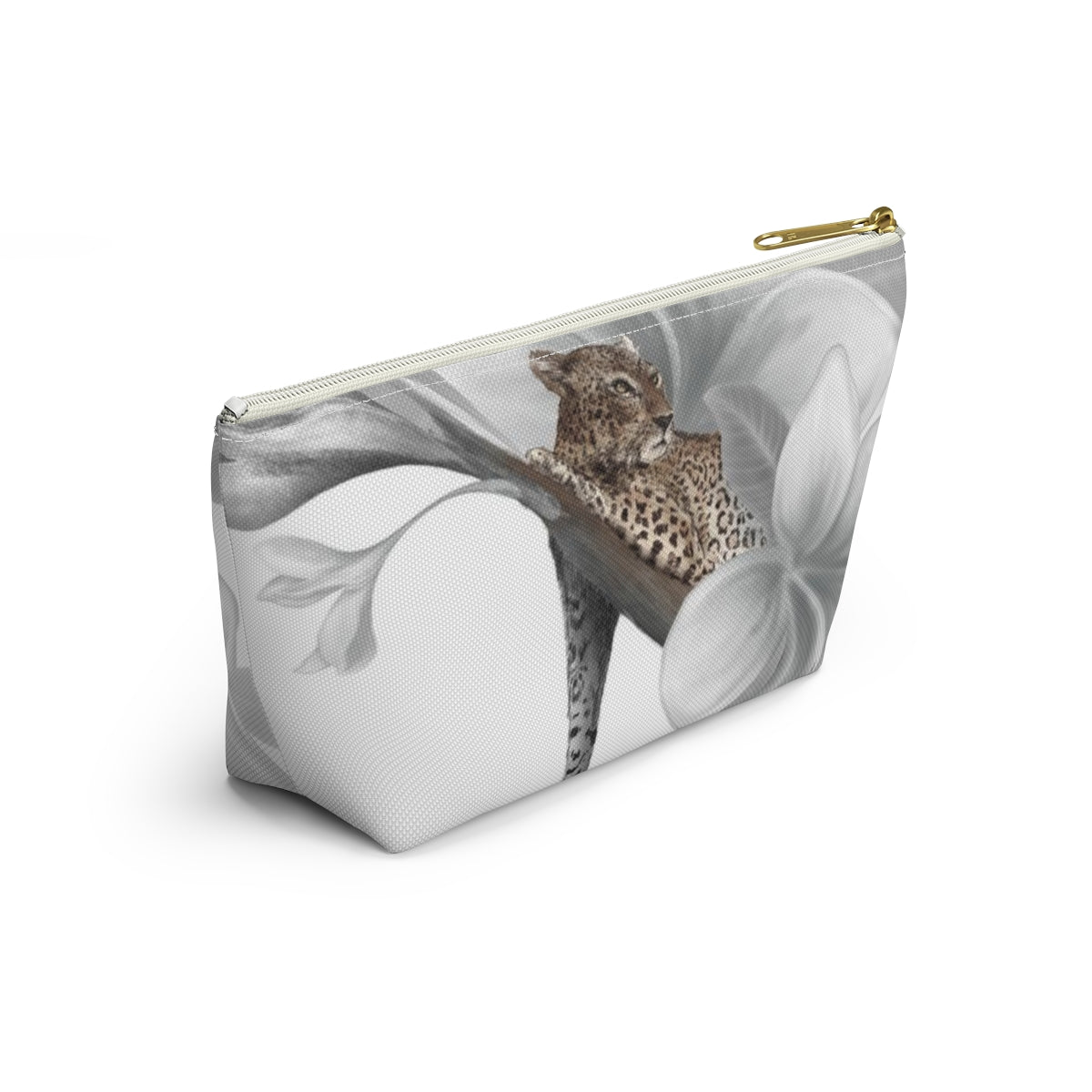 Leopard Cosmetic Pouch w T-bottom, Accessory Pouch - Leopard White Plumeria