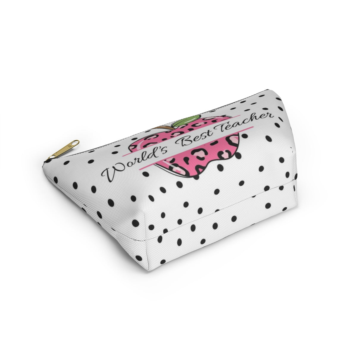 Personalized World's Best Teacher Cosmetic Pouch w T-bottom, Accessory Pouch, Pink Leopard Apple Dot